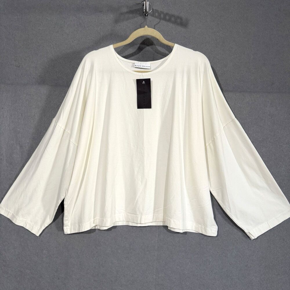Bryn Walker Play Shirt size L White Bamboo Cotton Boxy Drop Shoulder Wide Sleeve